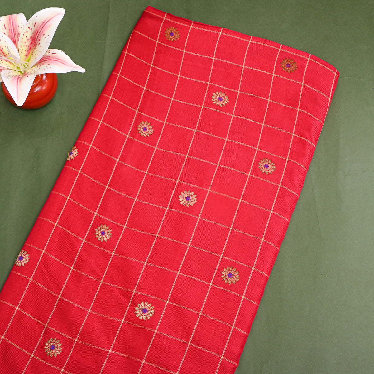 Scarlet Red With Gold Zari Butti Jamawar Silk Fabric