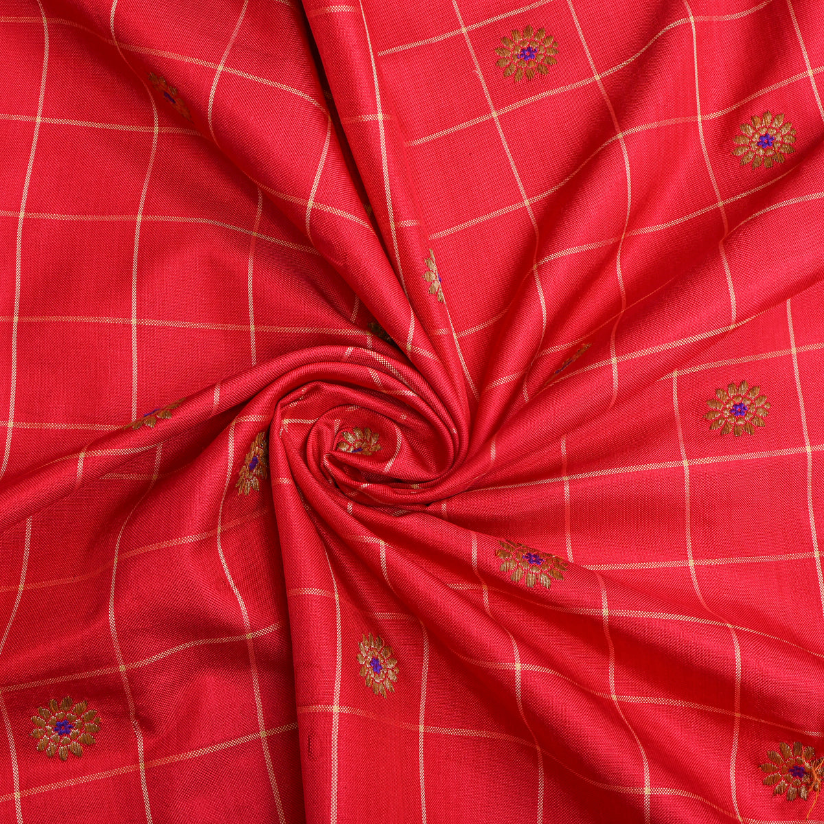 Scarlet Red With Gold Zari Butti Jamawar Silk Fabric