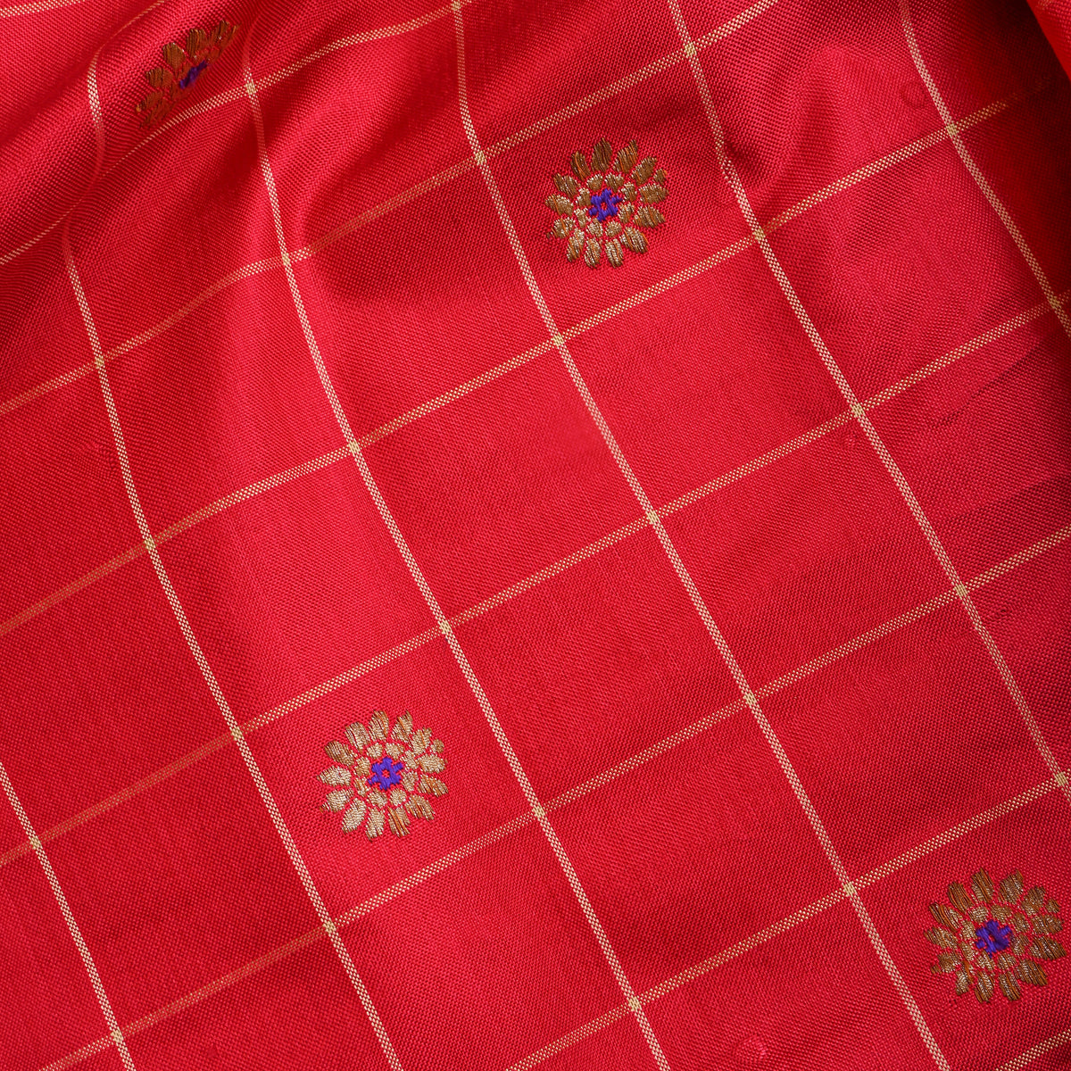 Scarlet Red With Gold Zari Butti Jamawar Silk Fabric
