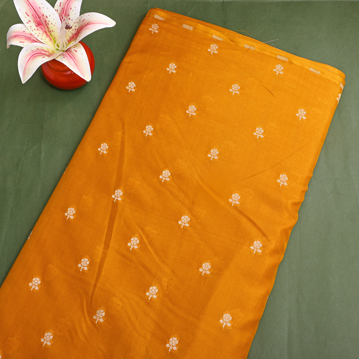 Mustard Gold Zari Floral Butti Jamawar Silk Fabric