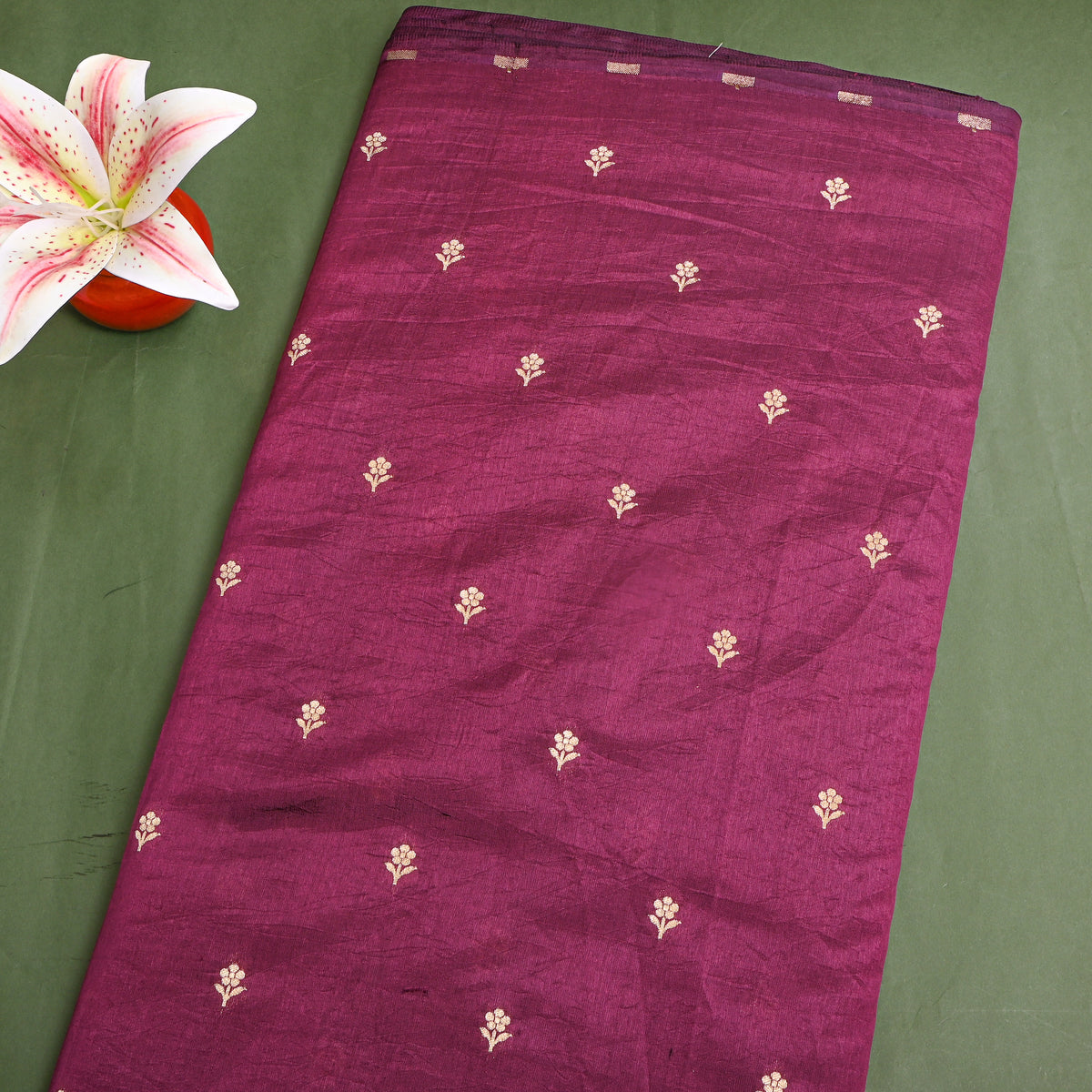 Purple Gold Zari Floral Butti Banarasi Silk Fabric