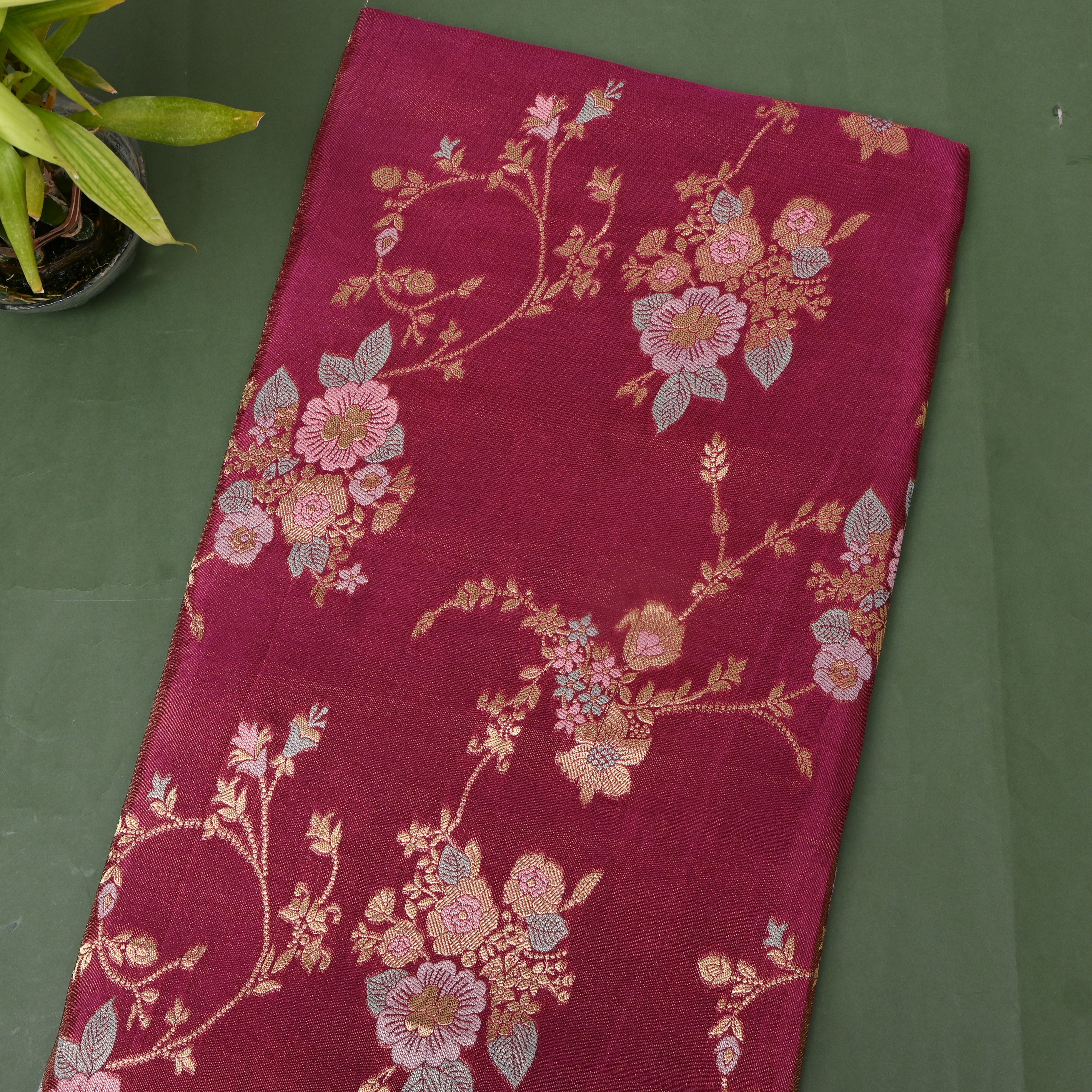 Wine Maroon Pastel Floral Zari Fabric