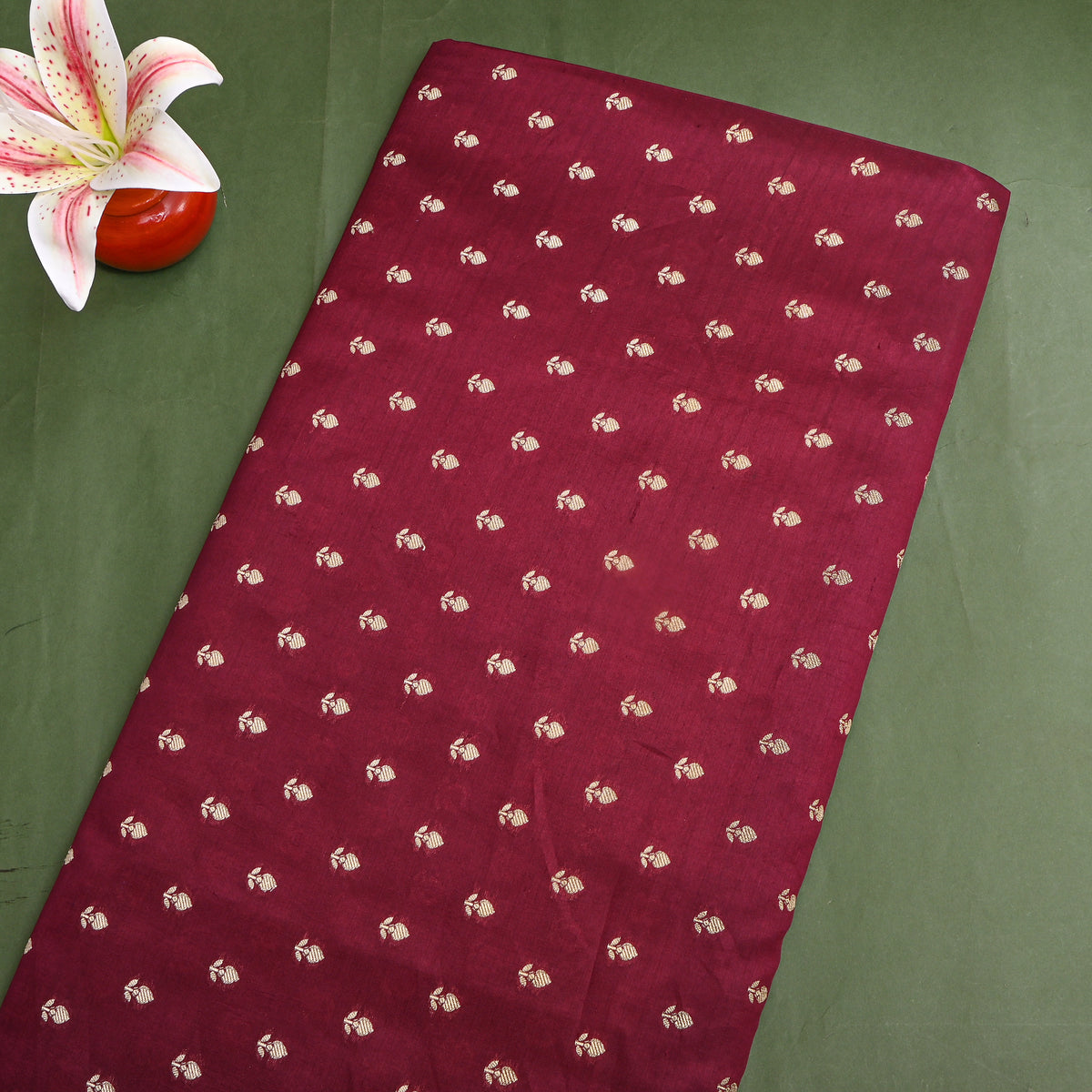 Claret Maroon Gold Zari Floral Butti Banarasi Silk Fabric