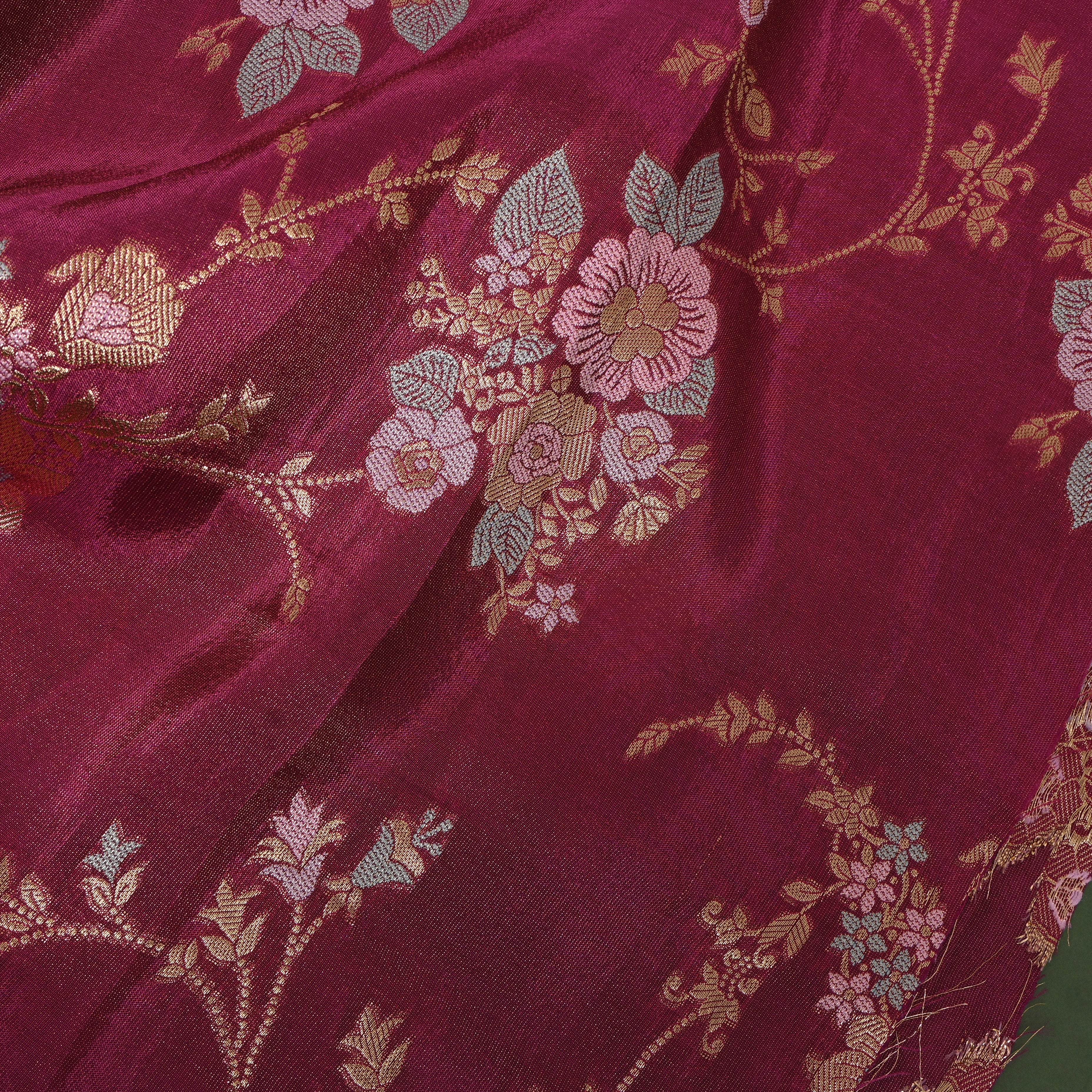 Wine Maroon Pastel Floral Zari Fabric