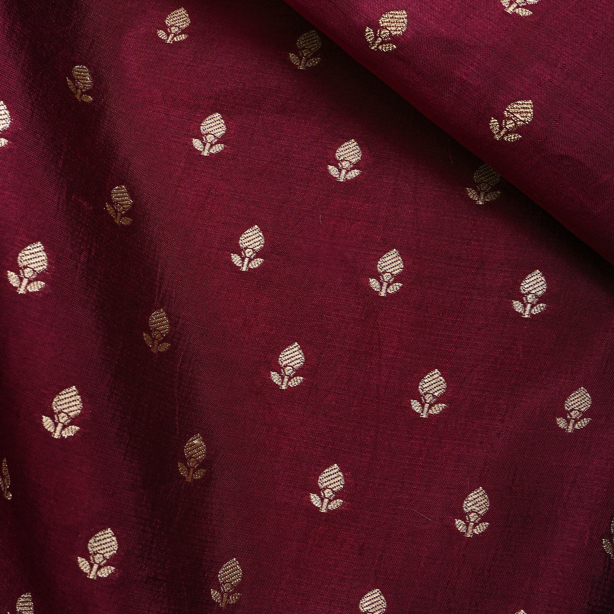 Claret Maroon Gold Zari Floral Butti Banarasi Silk Fabric