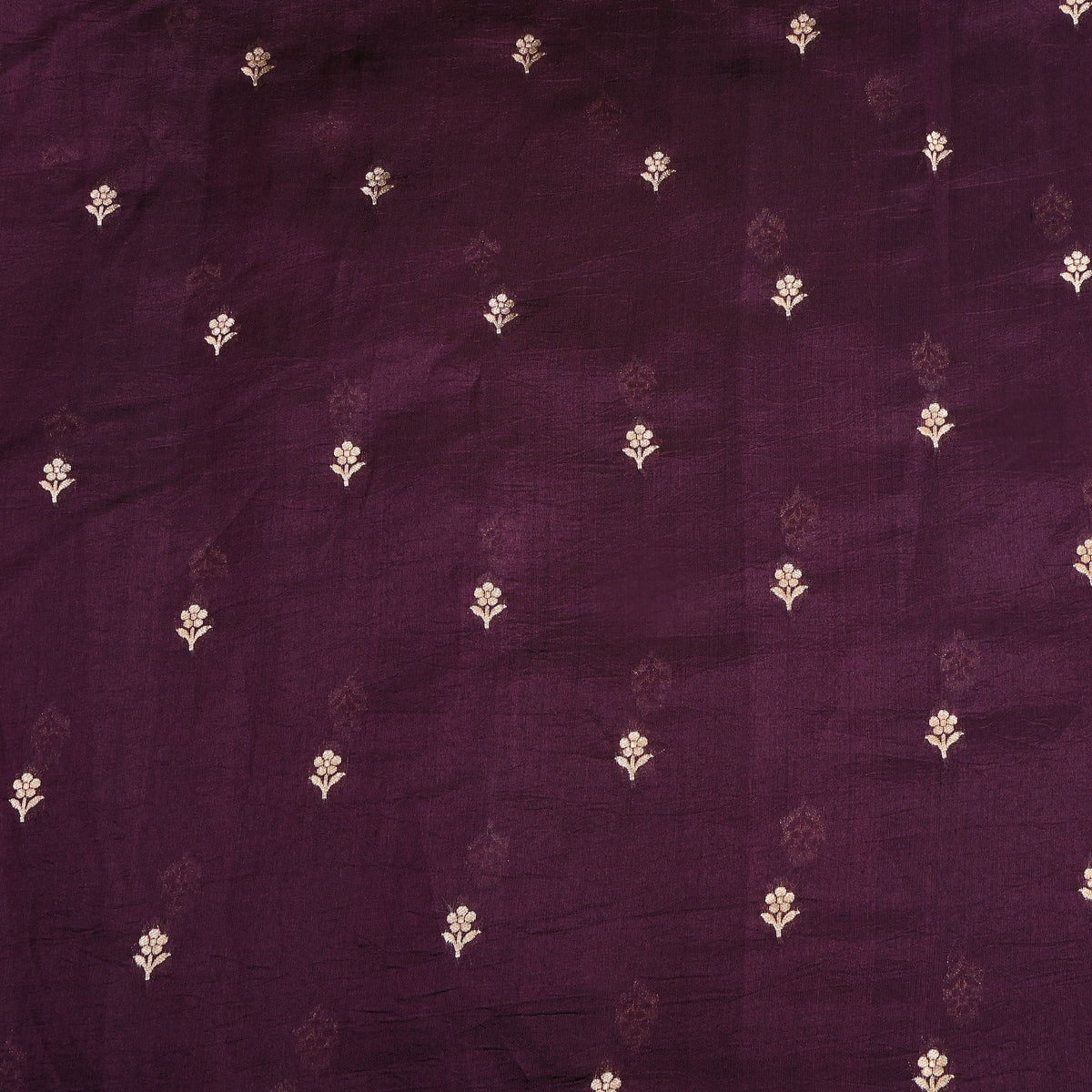 Deep Purple Gold Zari Floral Butti Bnarasi Silk Fabric