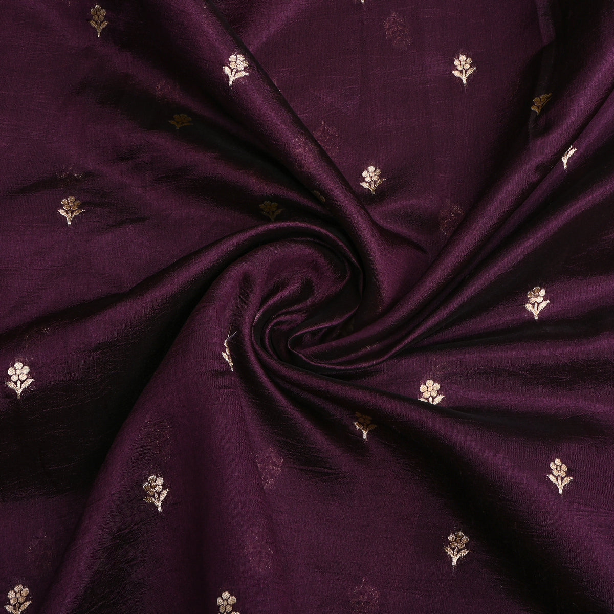 Deep Purple Gold Zari Floral Butti Bnarasi Silk Fabric