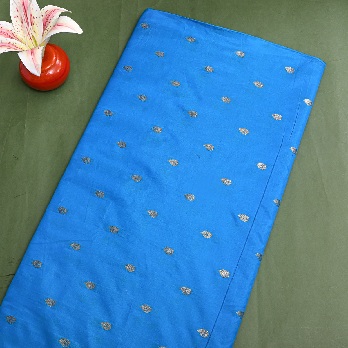 Azure Blue Gold Zari Butti Banarasi Silk Fabric