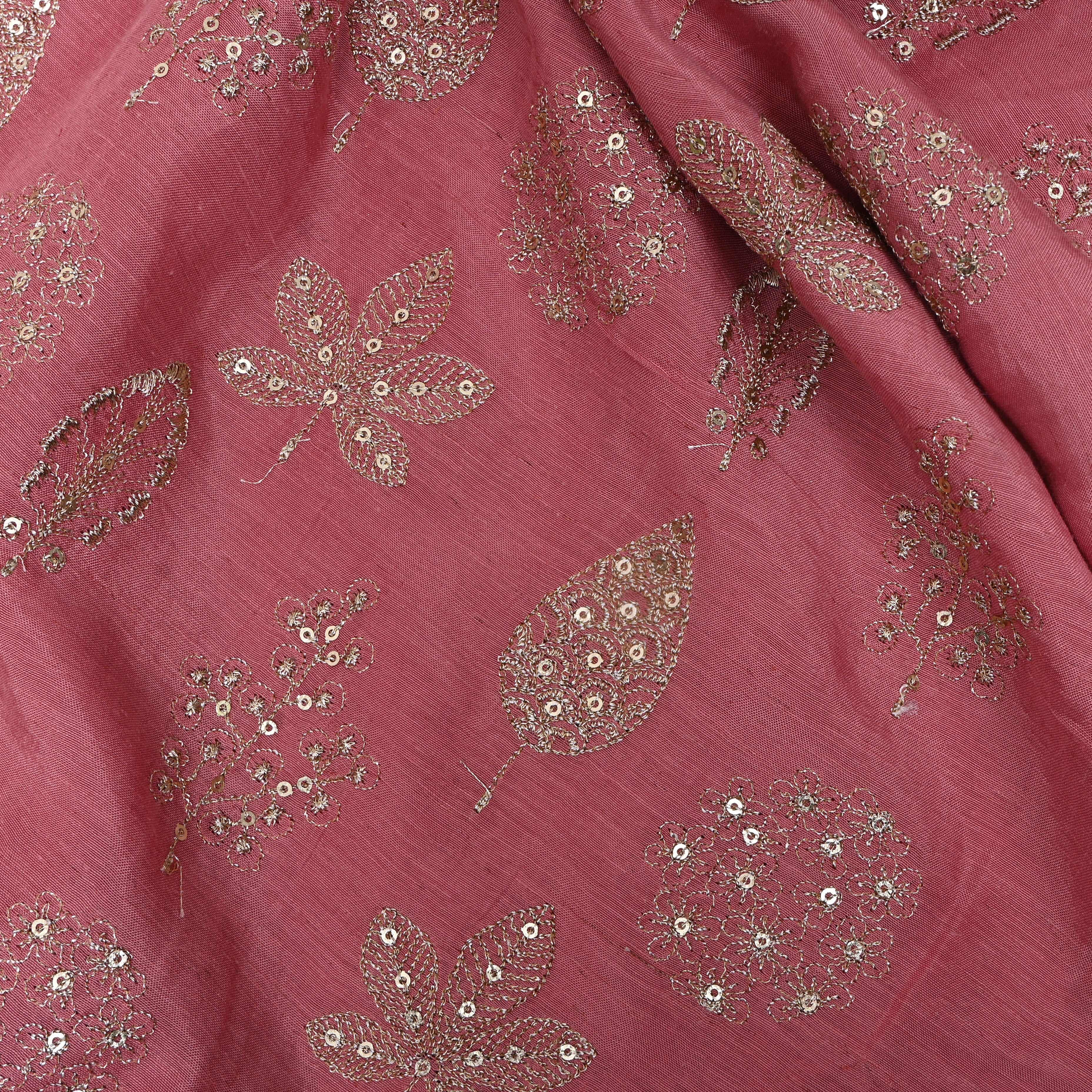 Rose Pink Mixed Leaf Sequin Embroidery Silk Fabric