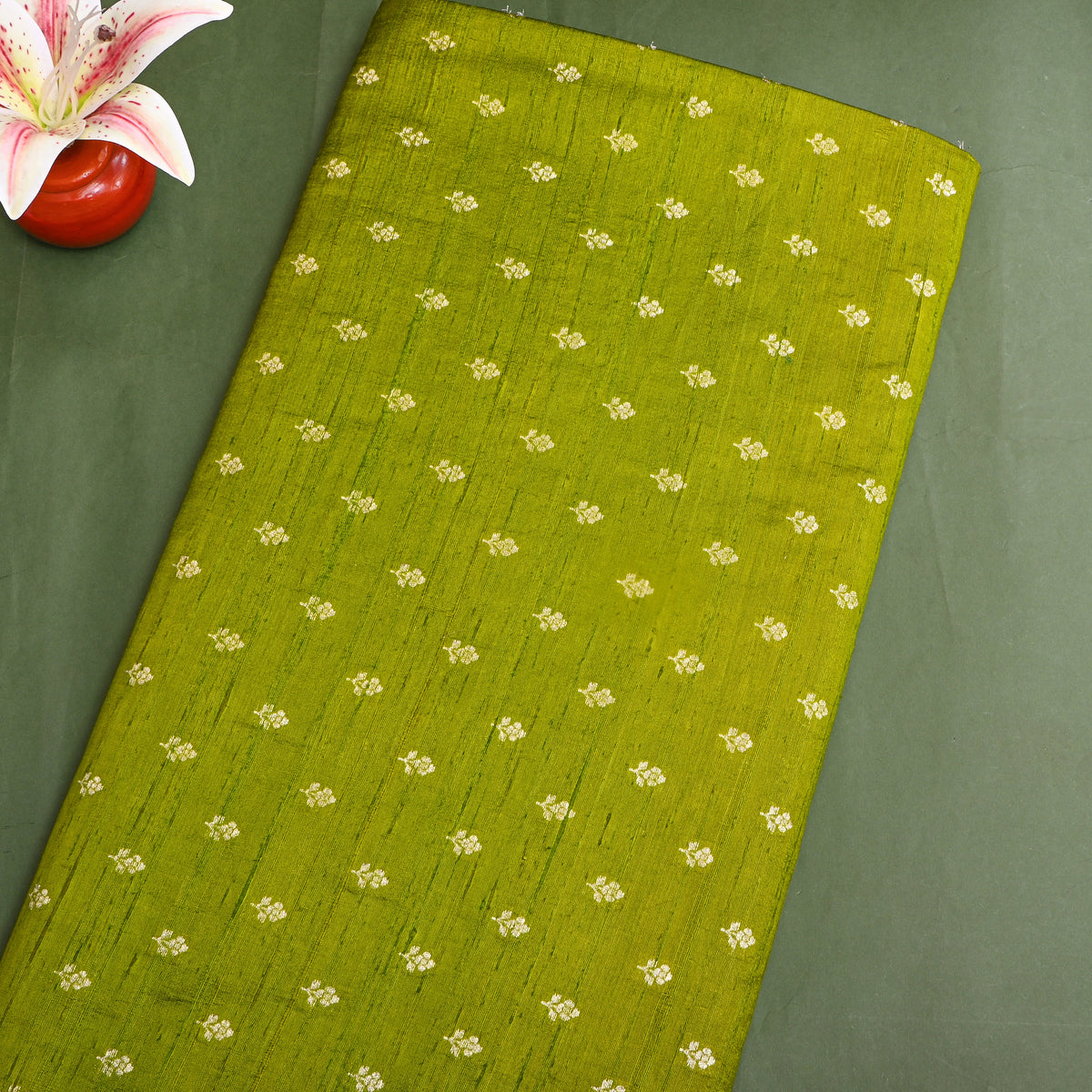 Moss Green Gold Floral Butti Self Weave Banarasi Silk Fabric