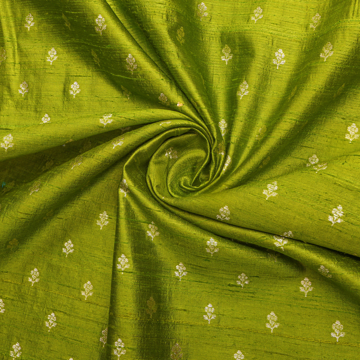 Moss Green Gold Floral Butti Self Weave Banarasi Silk Fabric