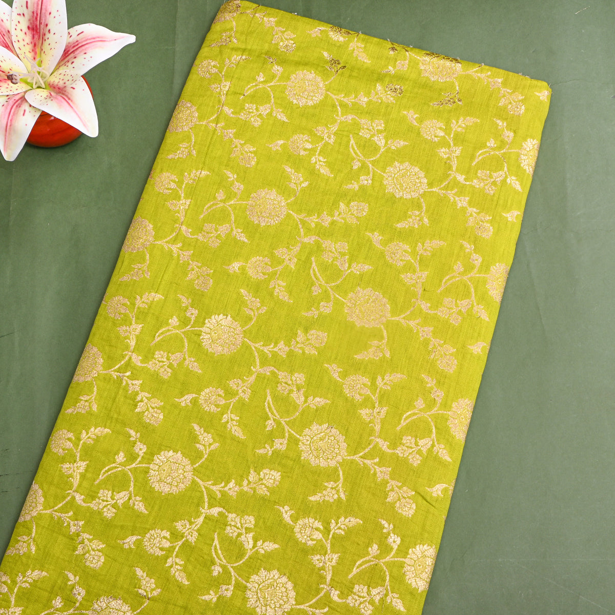 Lime Green Gold Zari Floral Jaal Banarasi Silk Fabric