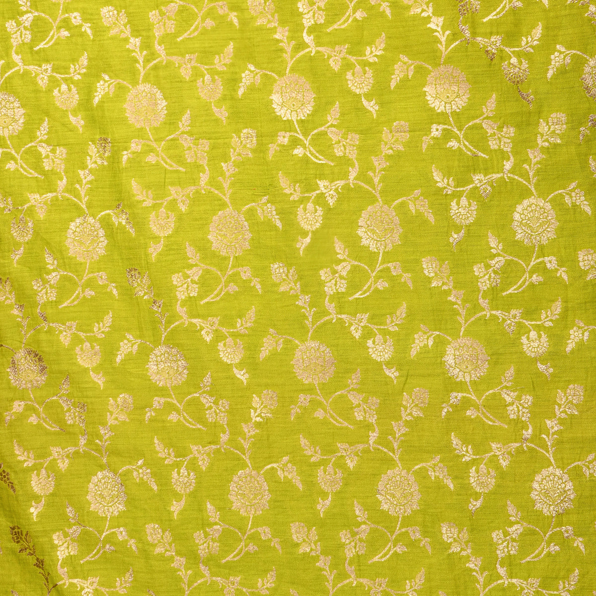 Lime Green Gold Zari Floral Jaal Banarasi Silk Fabric