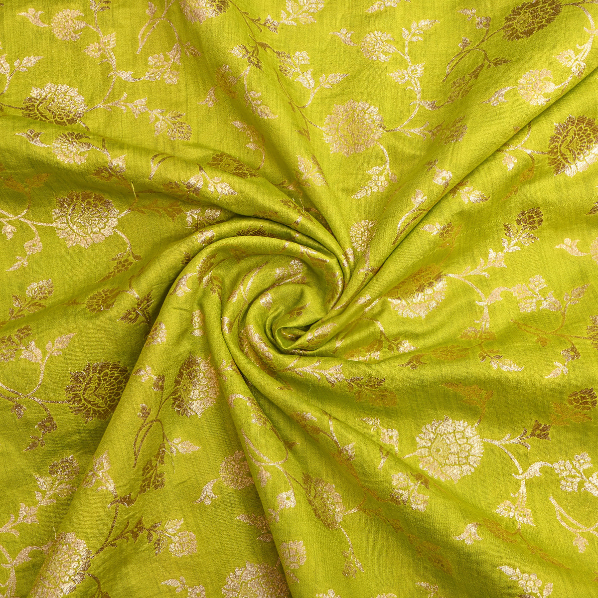 Lime Green Gold Zari Floral Jaal Banarasi Silk Fabric