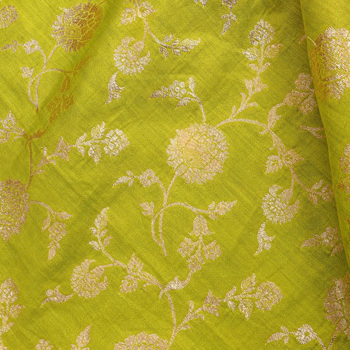 Lime Green Gold Zari Floral Jaal Banarasi Silk Fabric