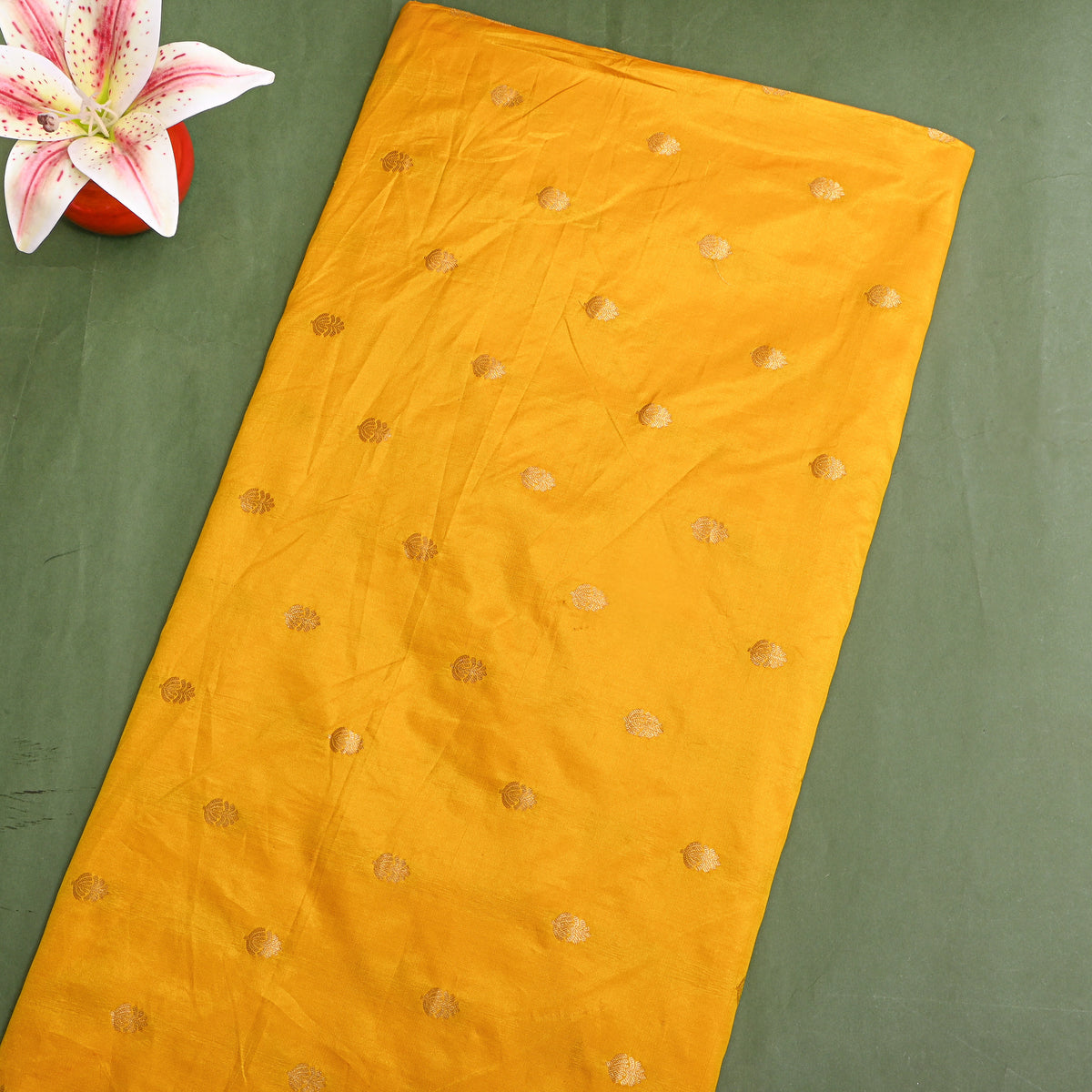 Marigold Gold Zari Floral Butti Self Weave Jamawar Silk Fabric