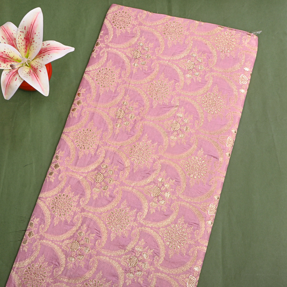 Dusty Lilac Gold Zari Weave Brocade Jamawar Silk Fabric