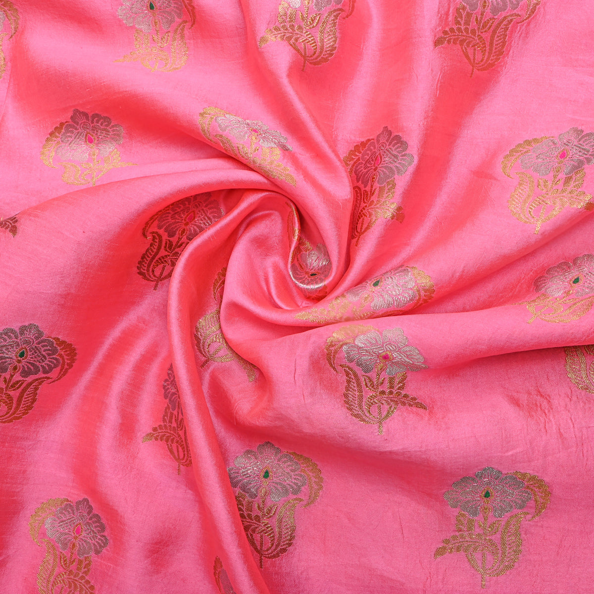 Bright Pink Dual Zari Floral Butti Banarasi Silk Fabric