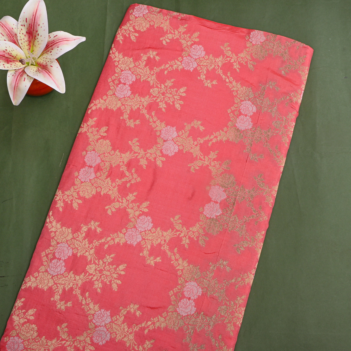 Coral Pink Jamawar Silk With Gold Floral Trellis
