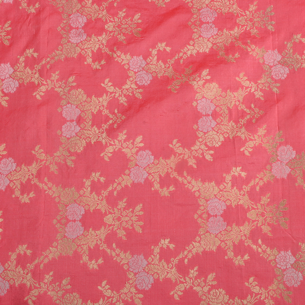 Coral Pink Jamawar Silk With Gold Floral Trellis