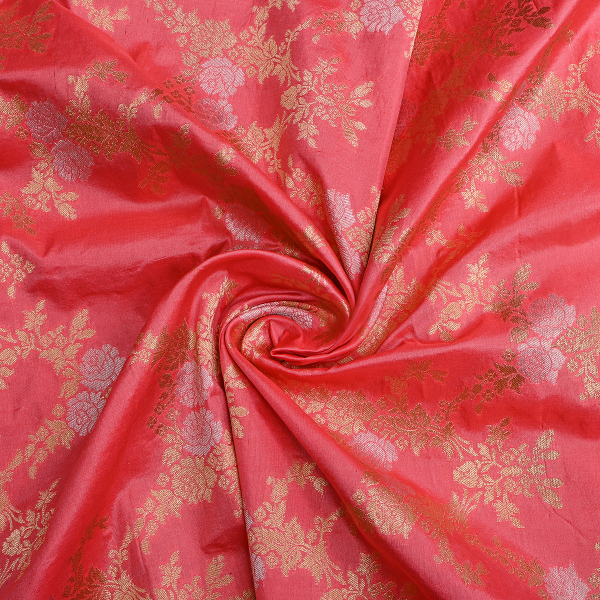 Coral Pink Jamawar Silk With Gold Floral Trellis