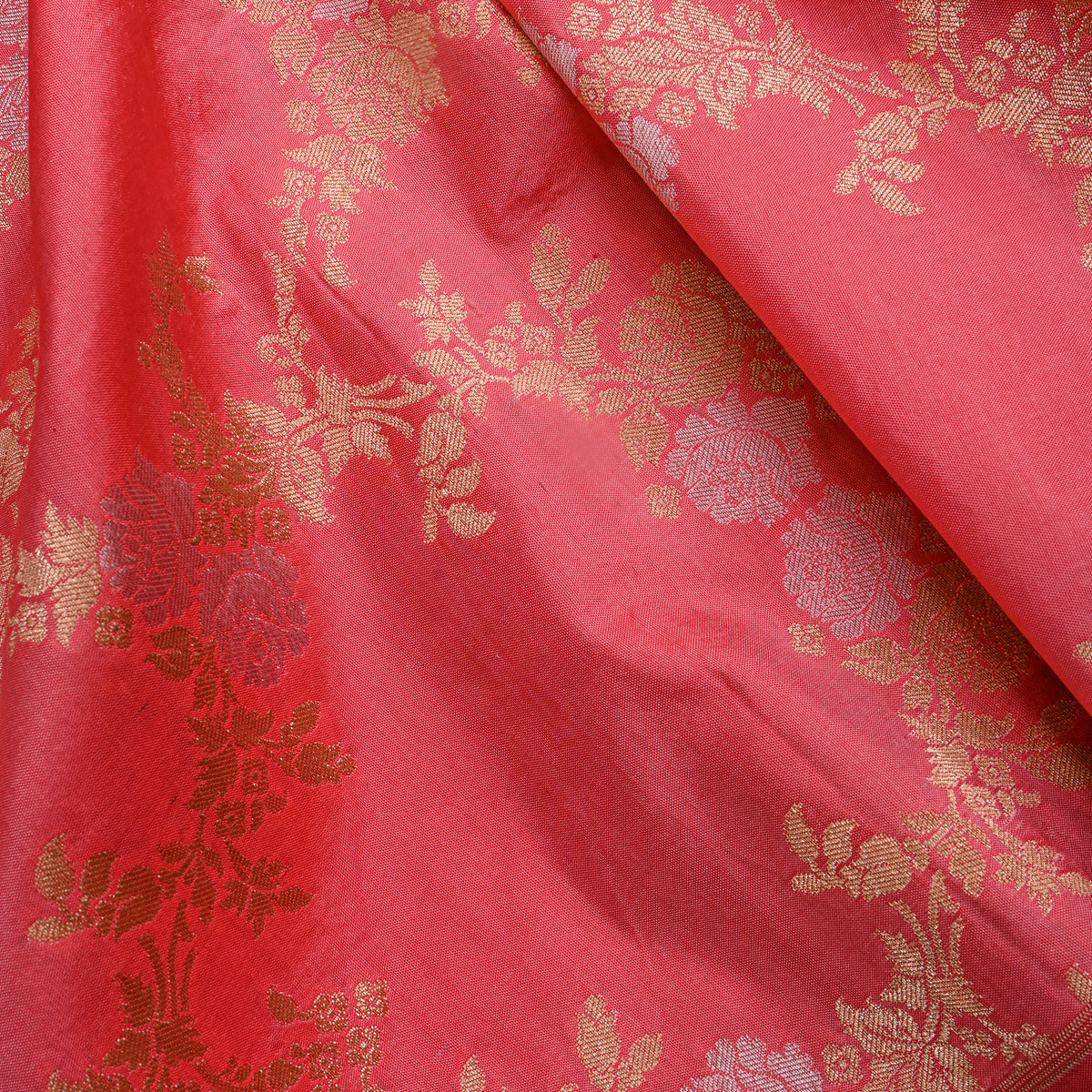 Coral Pink Jamawar Silk With Gold Floral Trellis