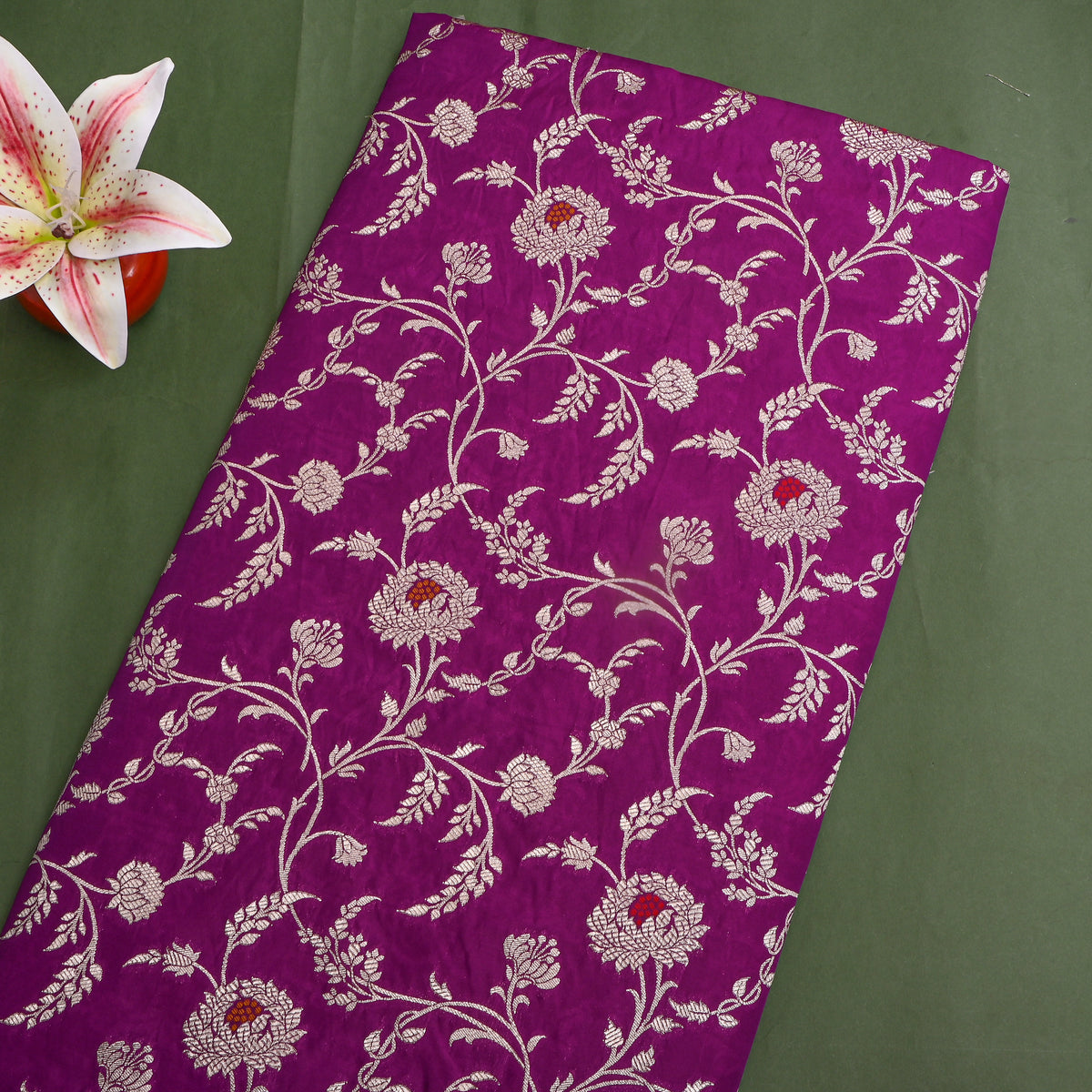 Purple Silver Zari Floral Jaal Banarasi Silk Fabric
