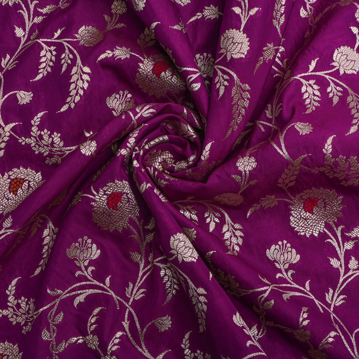 Purple Silver Zari Floral Jaal Banarasi Silk Fabric