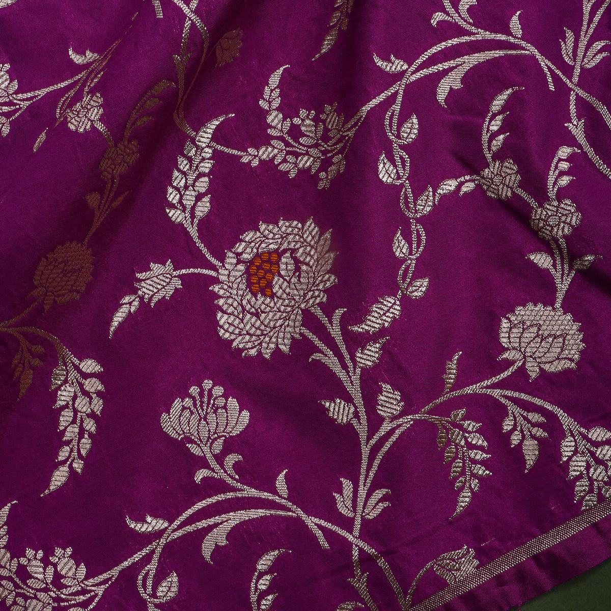 Purple Silver Zari Floral Jaal Banarasi Silk Fabric