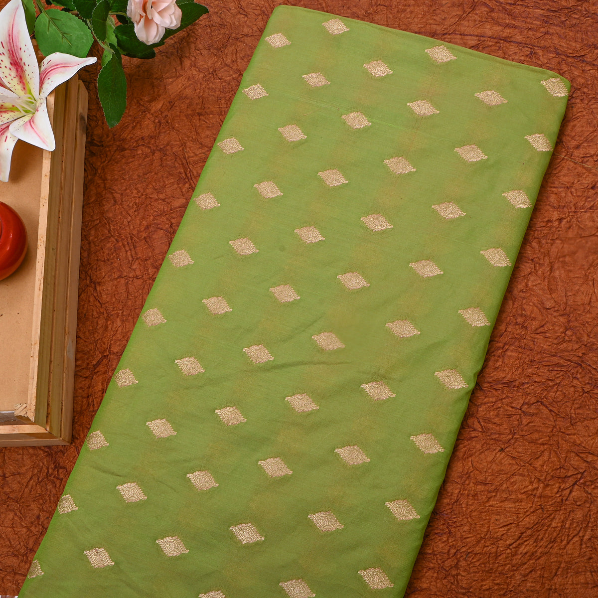 Moss Green Gold Zari Butti Jamawar Silk Fabric