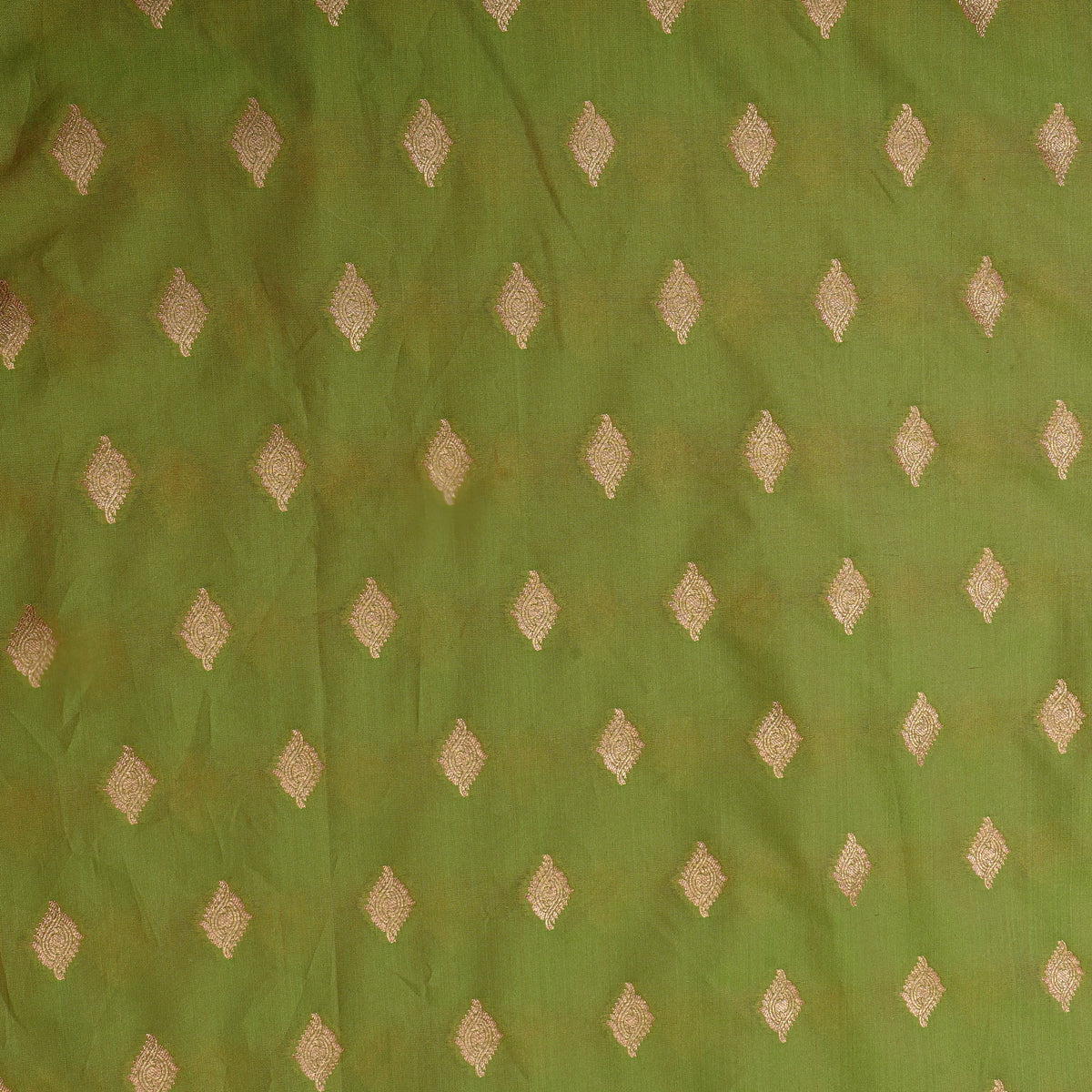 Moss Green Gold Zari Butti Jamawar Silk Fabric