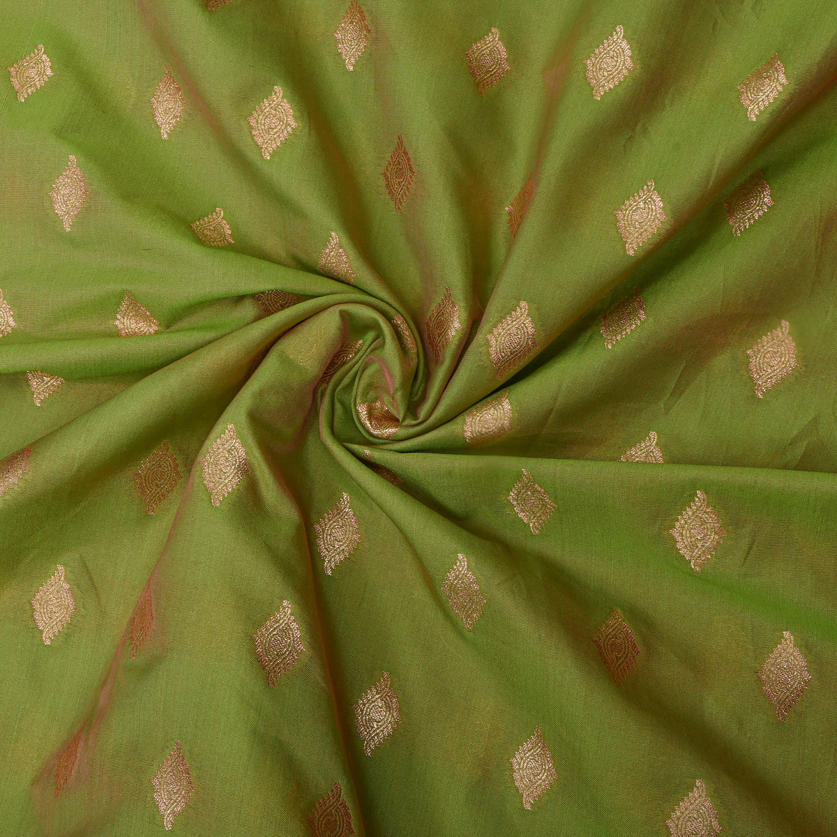 Moss Green Gold Zari Butti Jamawar Silk Fabric