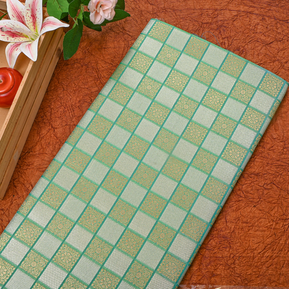 Sea Green Dual Tone Geometric Checks Jamawar Silk Fabric