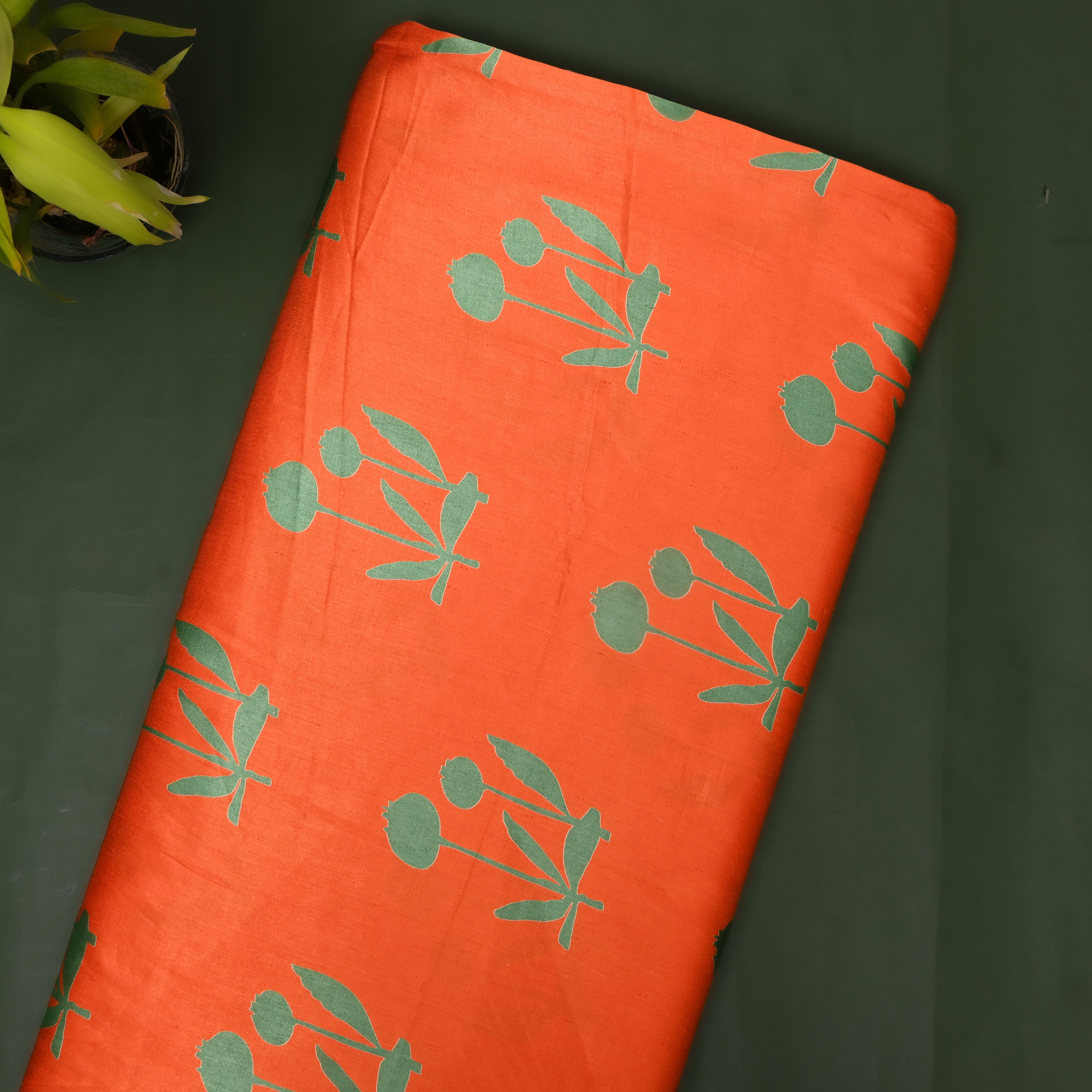 Orange Sage Tulip Print Satin Fabric