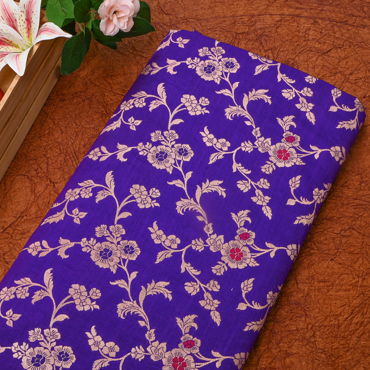 Blue Gold Zari Floral Jaal Banarasi Silk Fabric