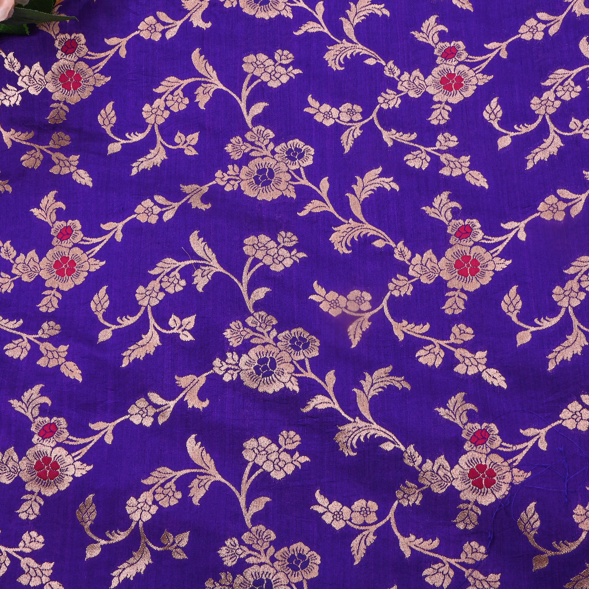 Blue Gold Zari Floral Jaal Banarasi Silk Fabric