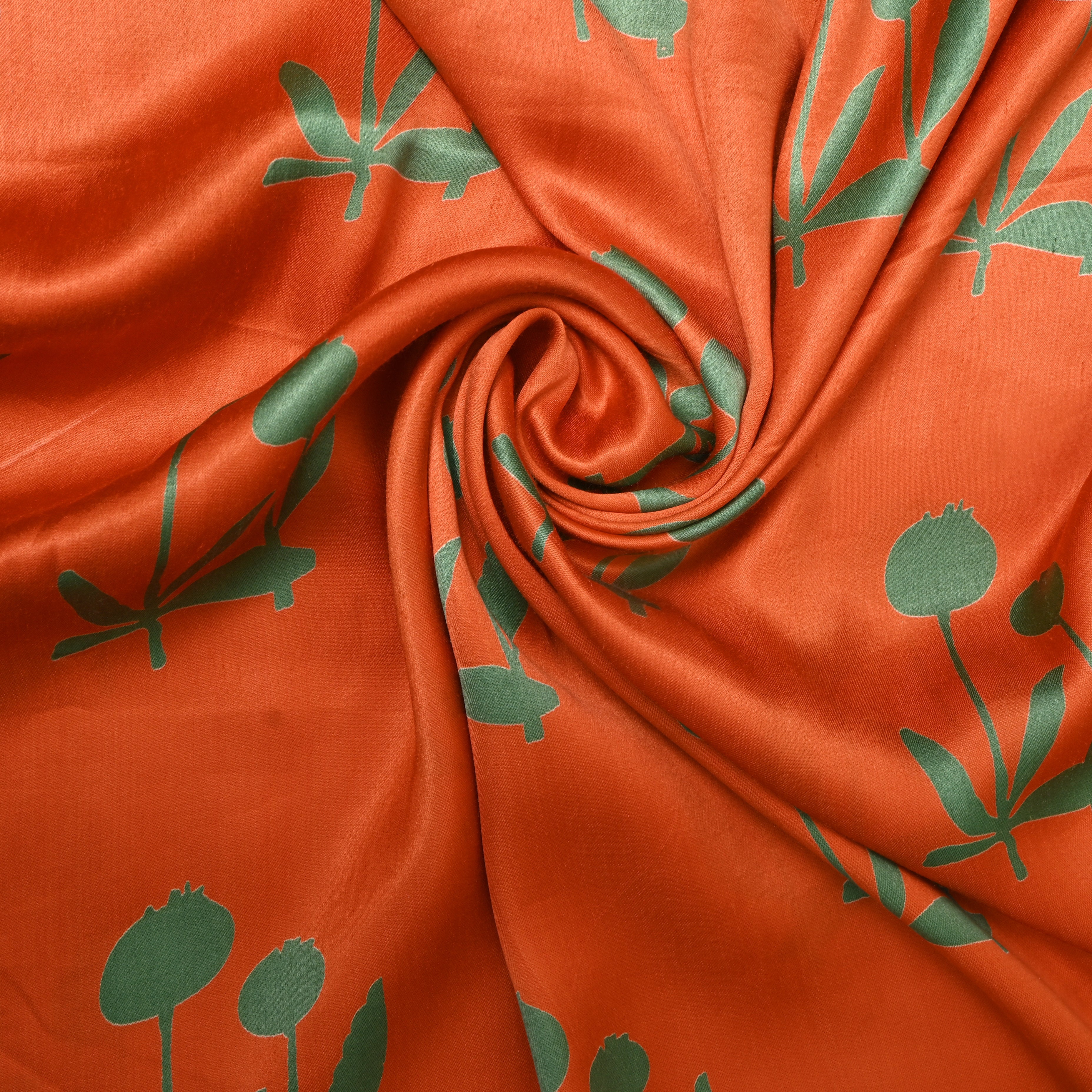 Orange Sage Tulip Print Satin Fabric