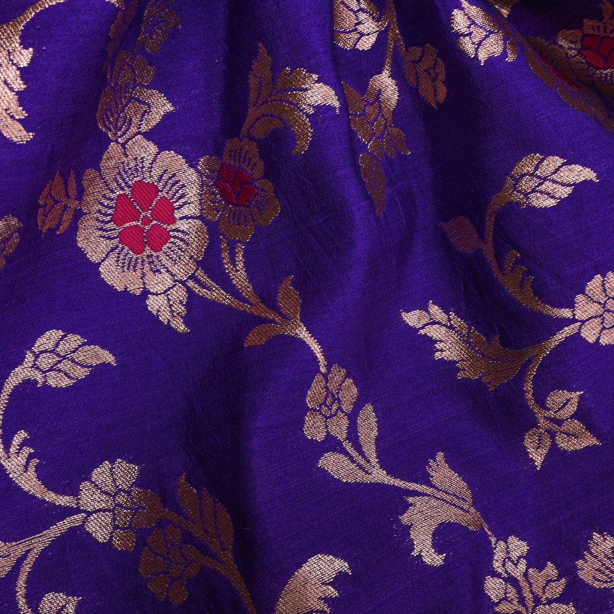 Blue Gold Zari Floral Jaal Banarasi Silk Fabric