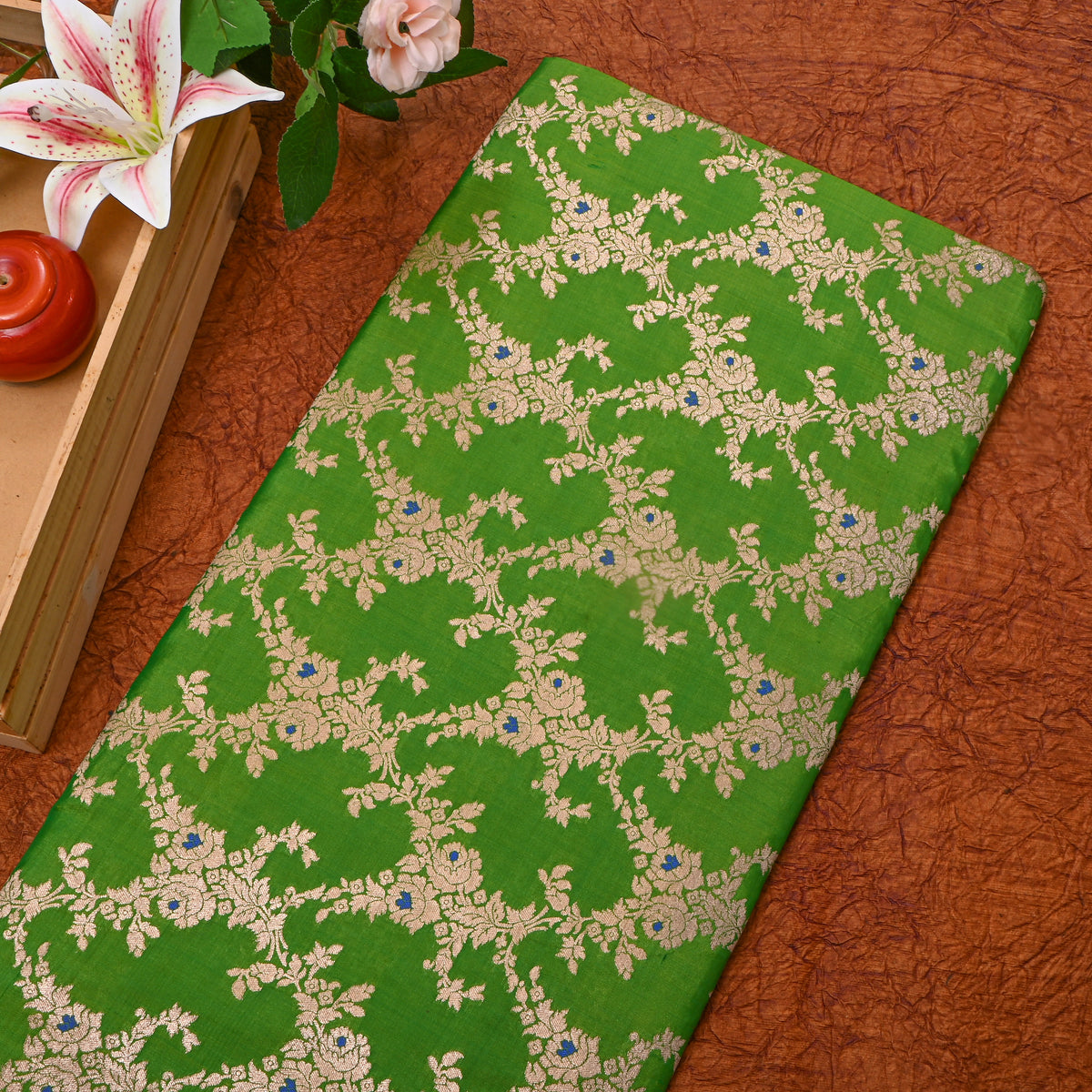 Grass Green Jamawar Silk With Gold Floral Trellis