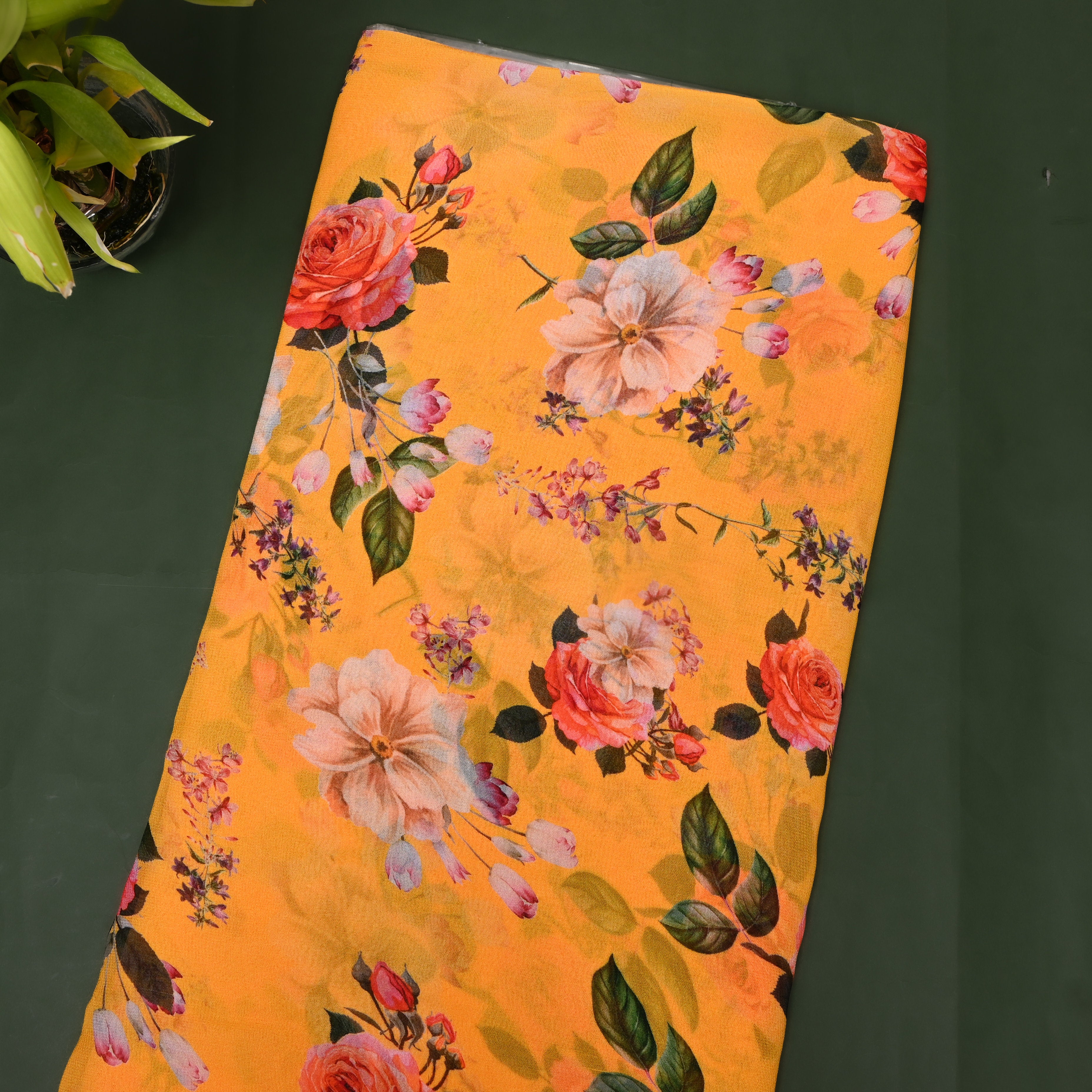 Mustard Yellow Floral Digital Print Organza Fabric