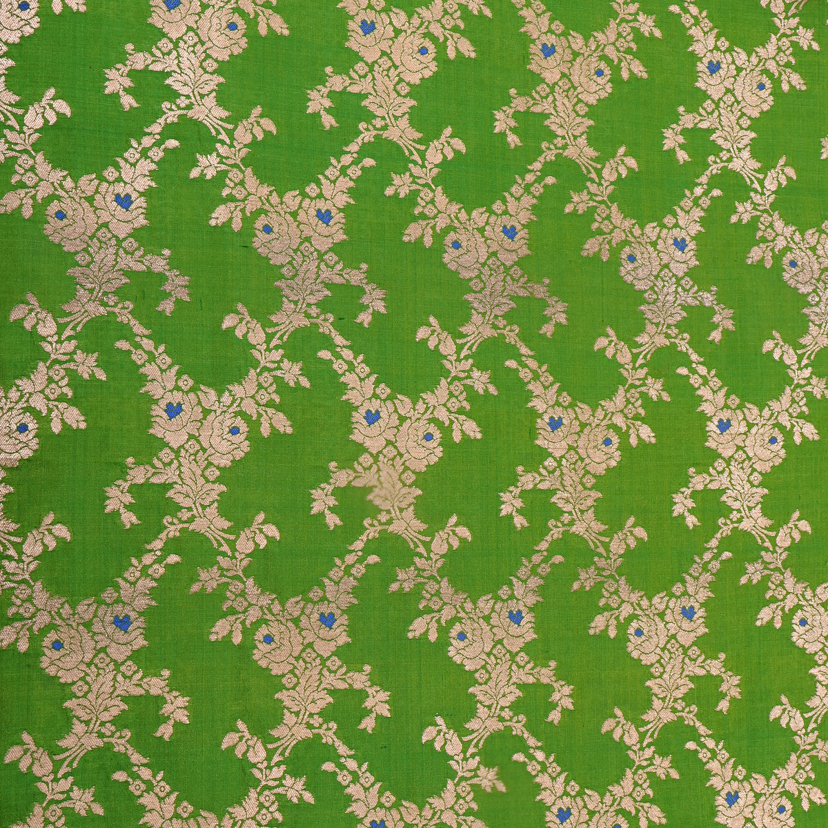 Grass Green Jamawar Silk With Gold Floral Trellis