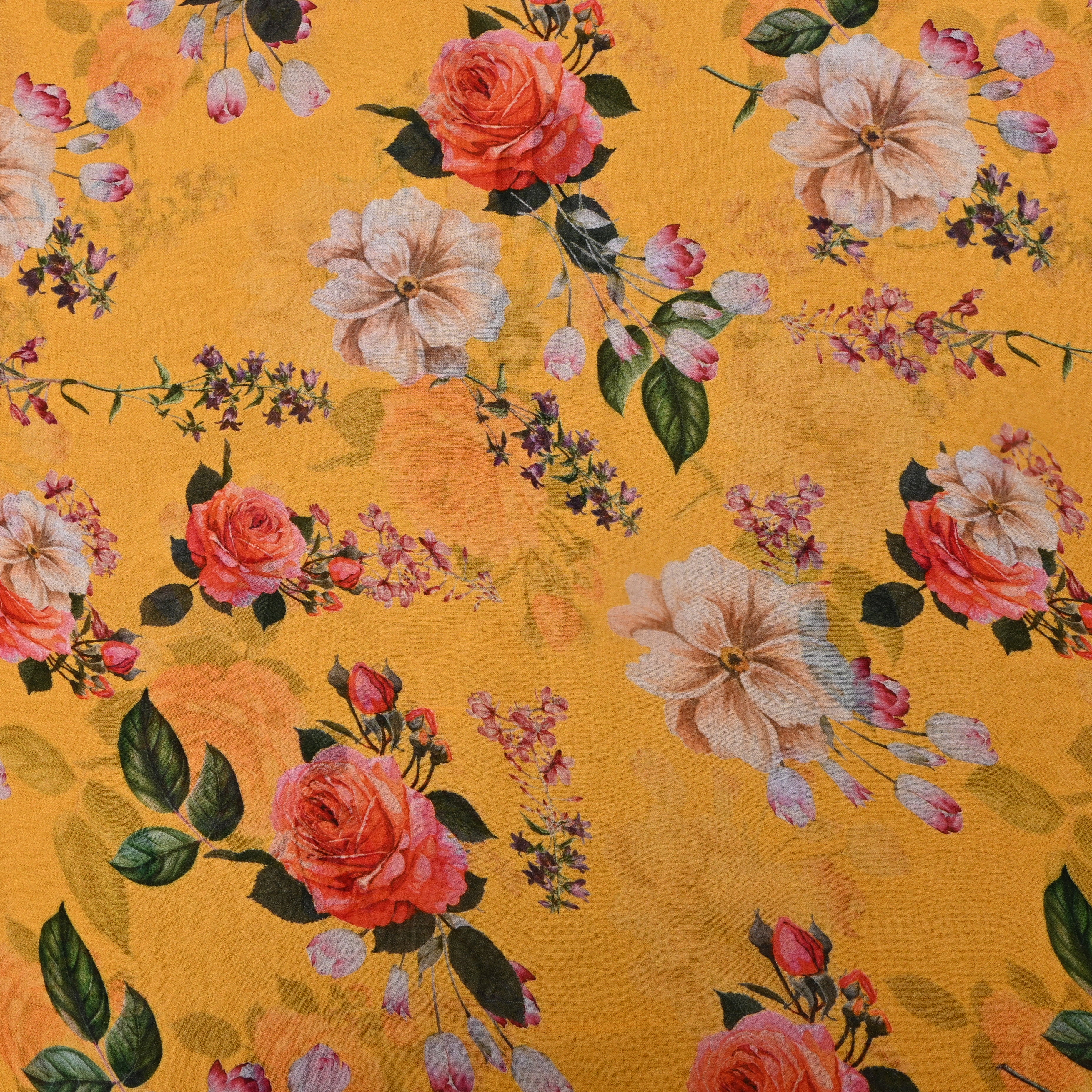 Mustard Yellow Floral Digital Print Organza Fabric