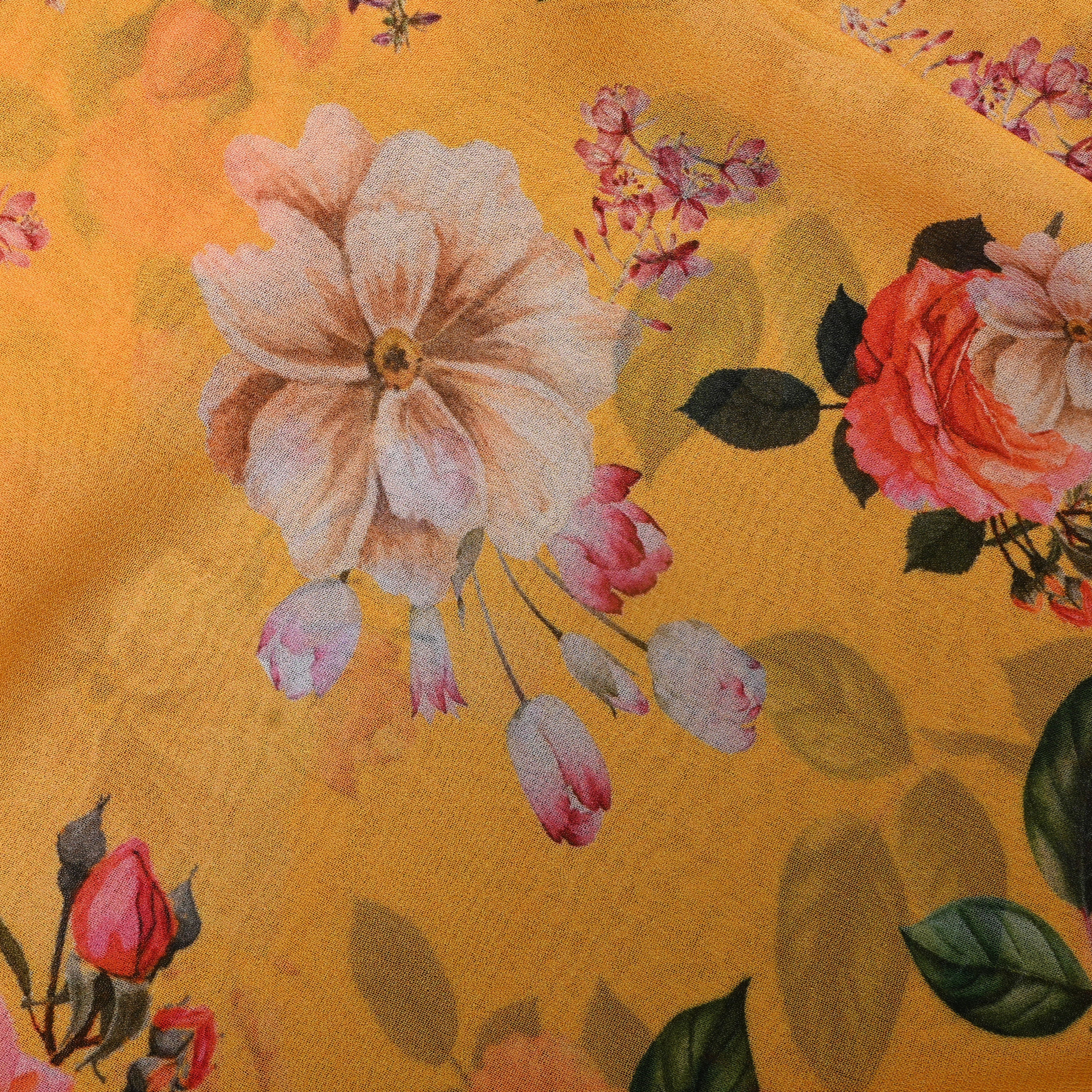 Mustard Yellow Floral Digital Print Organza Fabric