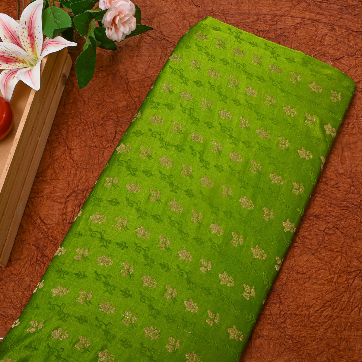 Parrot Green Gold Zari Floral Butti Jamawar Silk Fabric