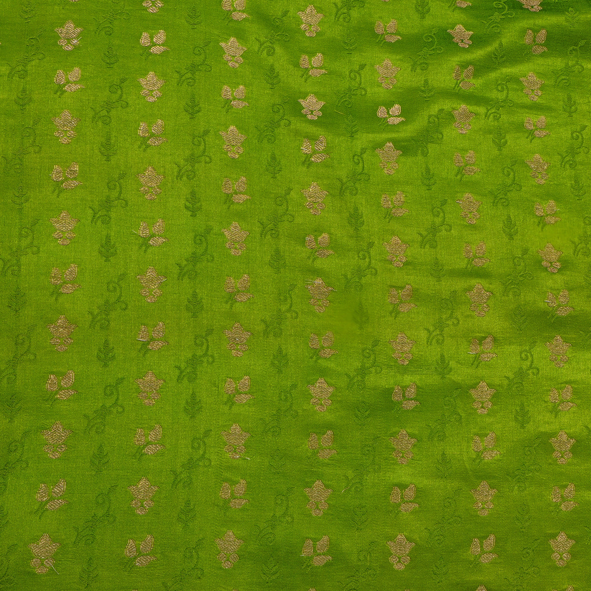 Parrot Green Gold Zari Floral Butti Jamawar Silk Fabric