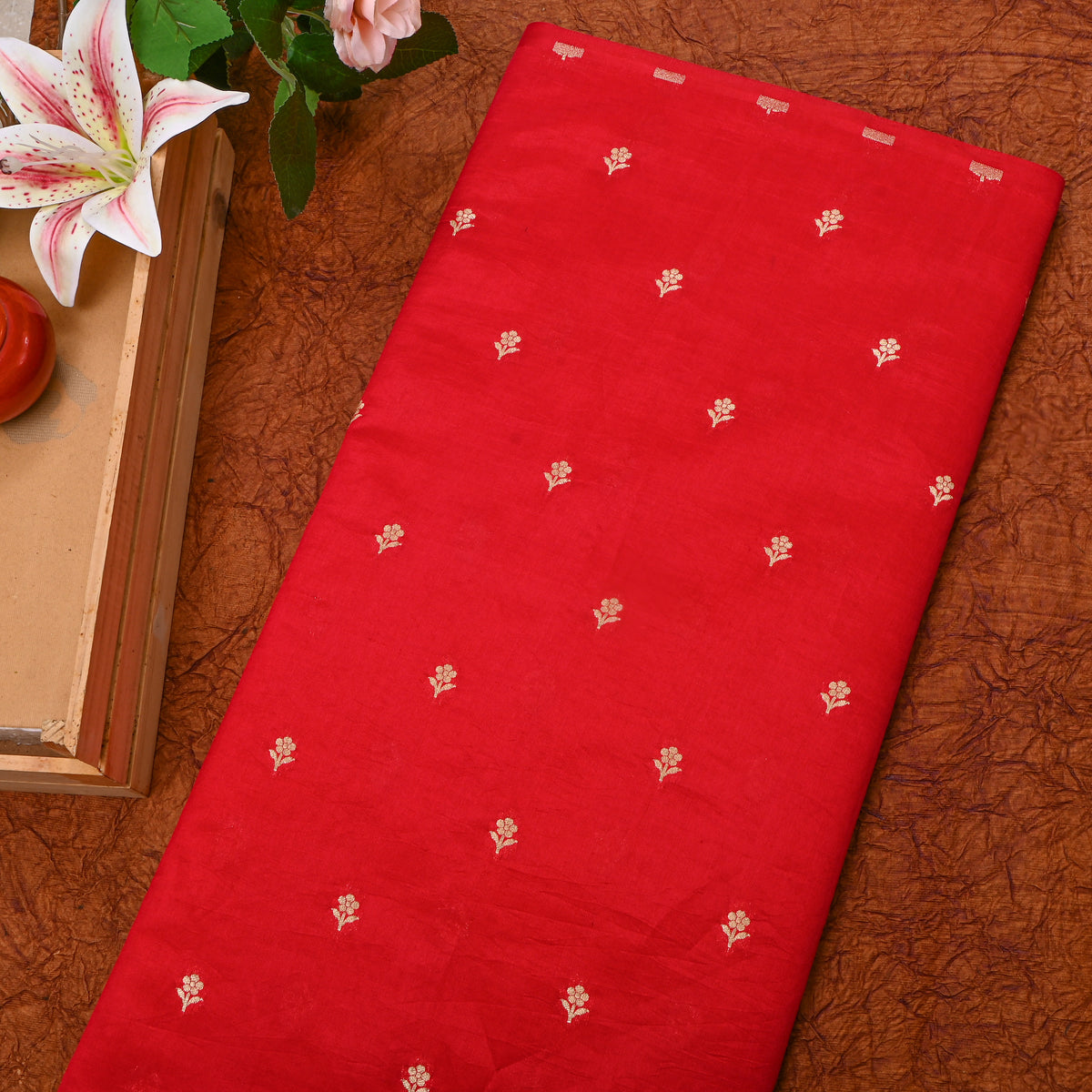 Crimson Red Gold Zari Floral Butti Bnarasi Silk Fabric