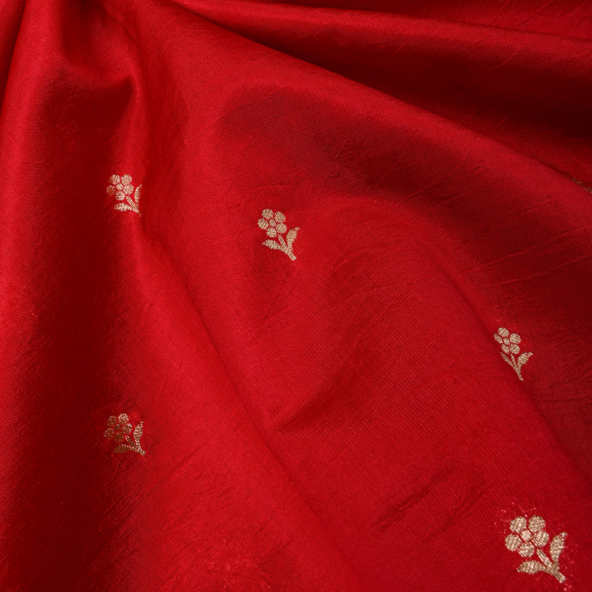 Crimson Red Gold Zari Floral Butti Bnarasi Silk Fabric