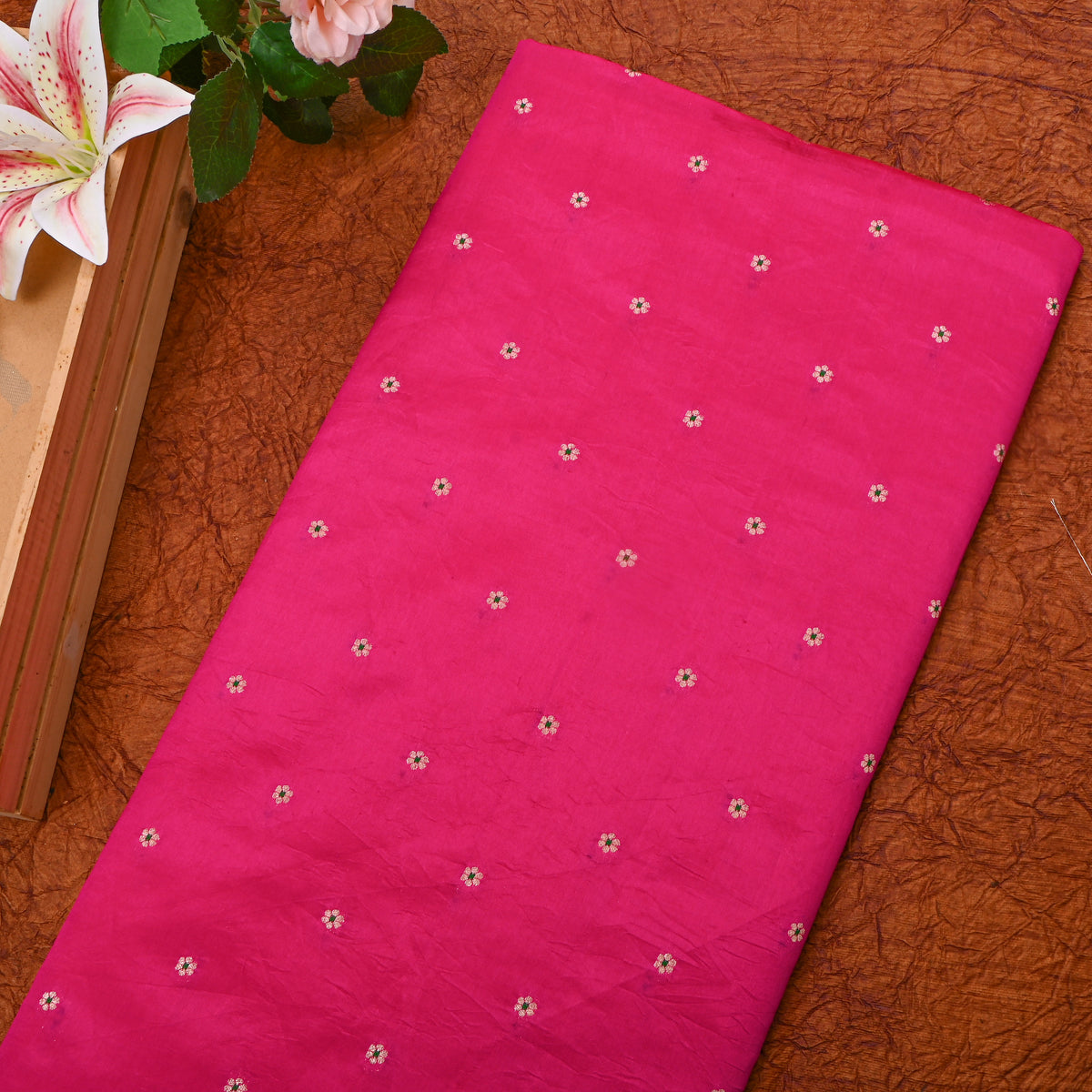 Rani Pink Gold Zari Floral Butti Banarasi Silk Fabric