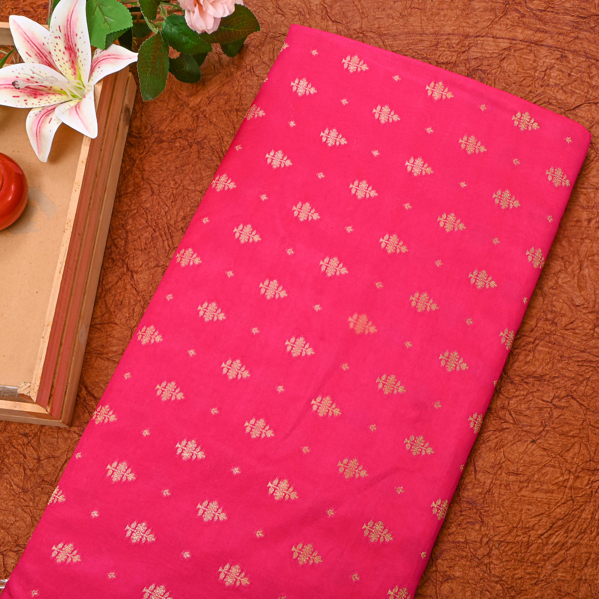 Blush Pink Gold Zari Butti Jamawar Silk Fabric