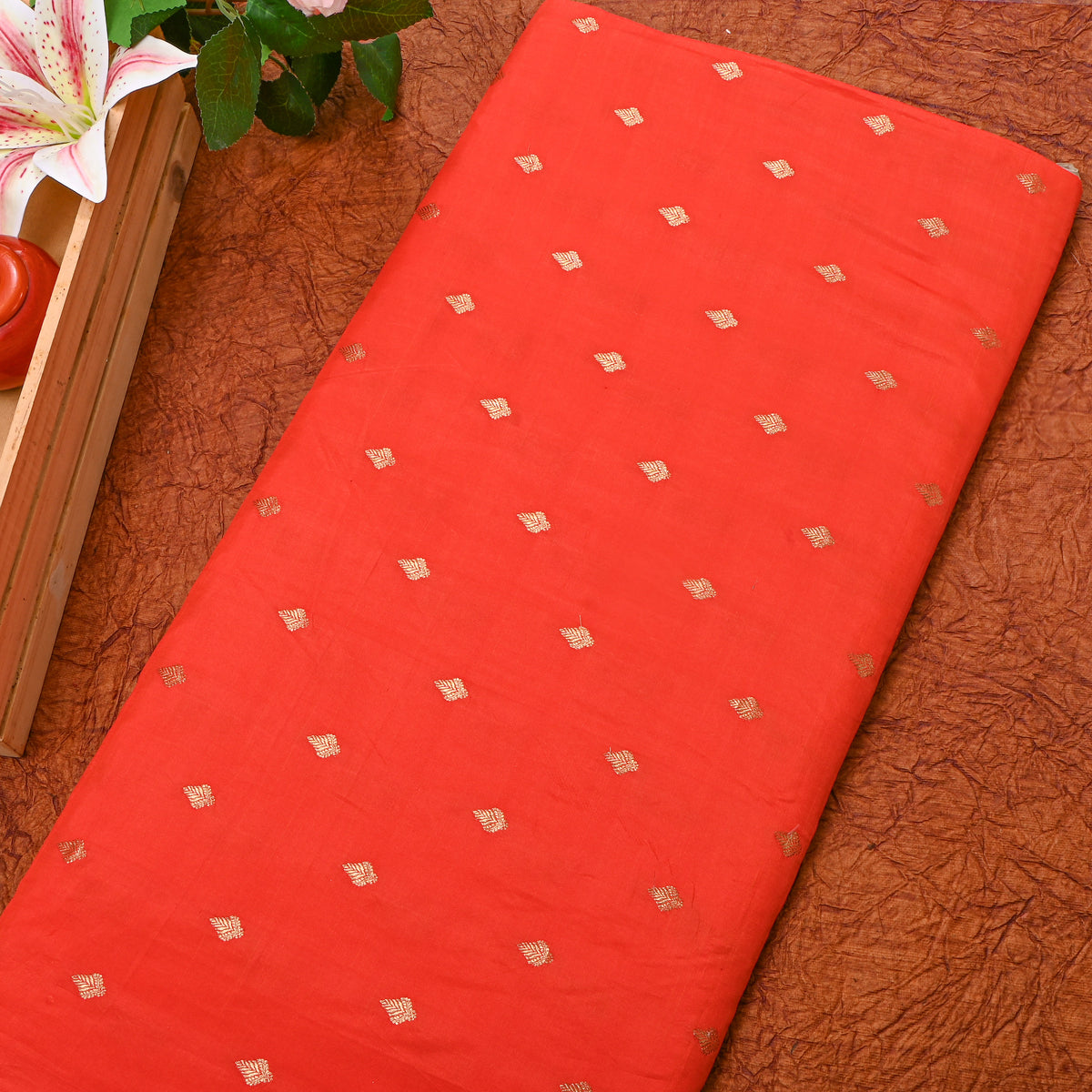 Tangerine Orange Gold Zari Butti Banarasi Silk Fabric